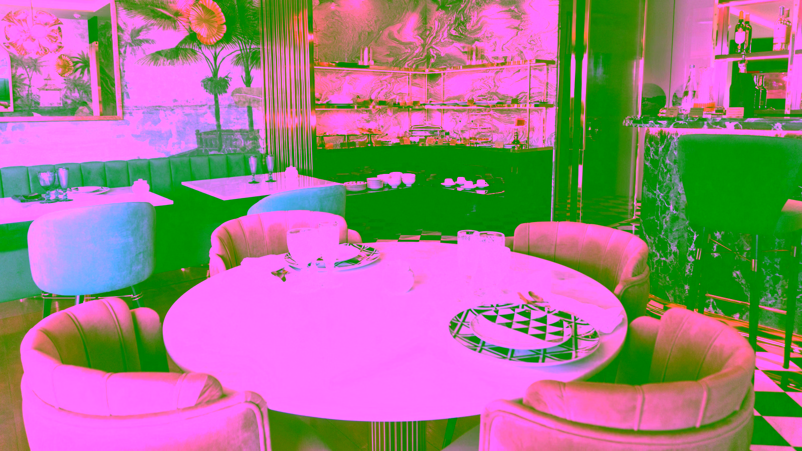 Elegant restaurant interior with marble table and pastel chairs