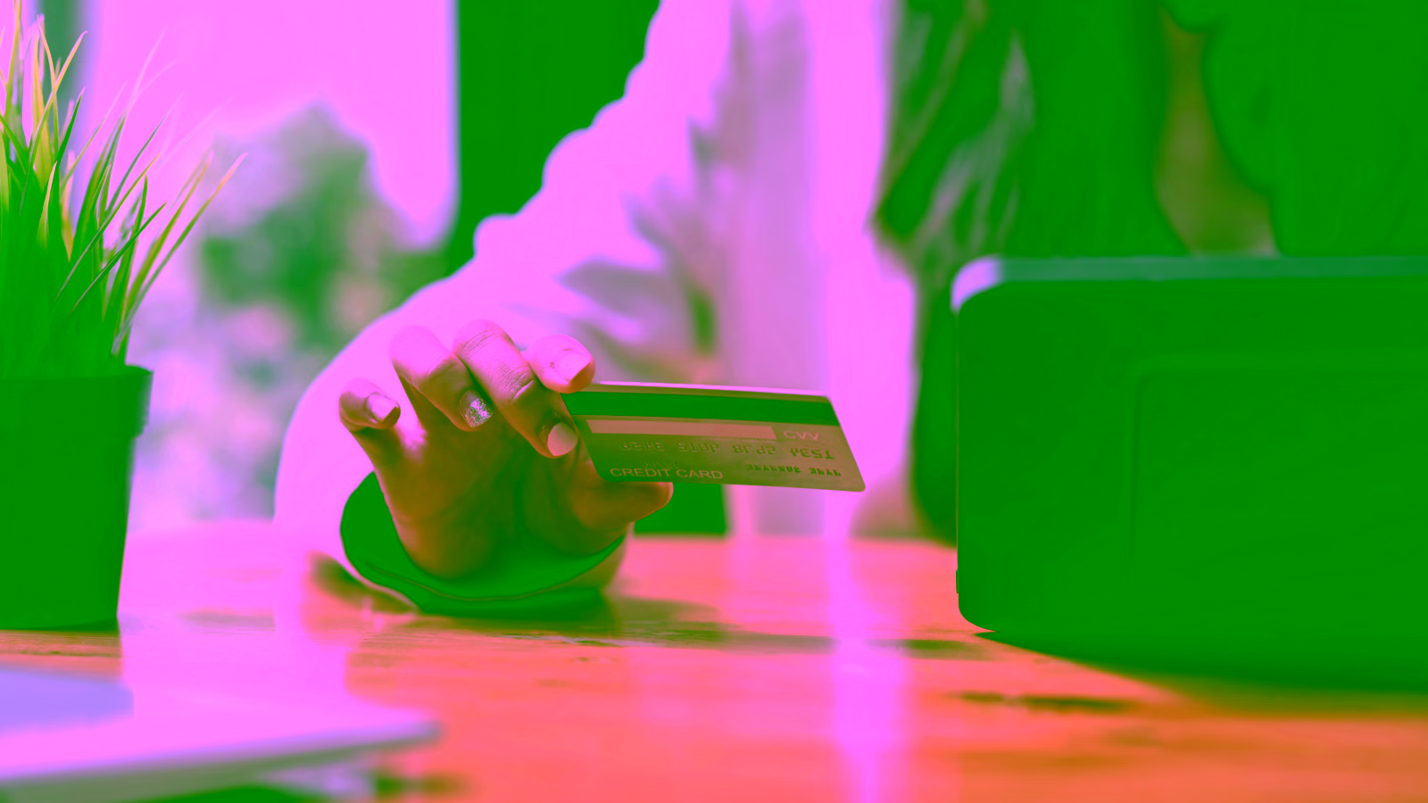 Person holding credit card at laptop