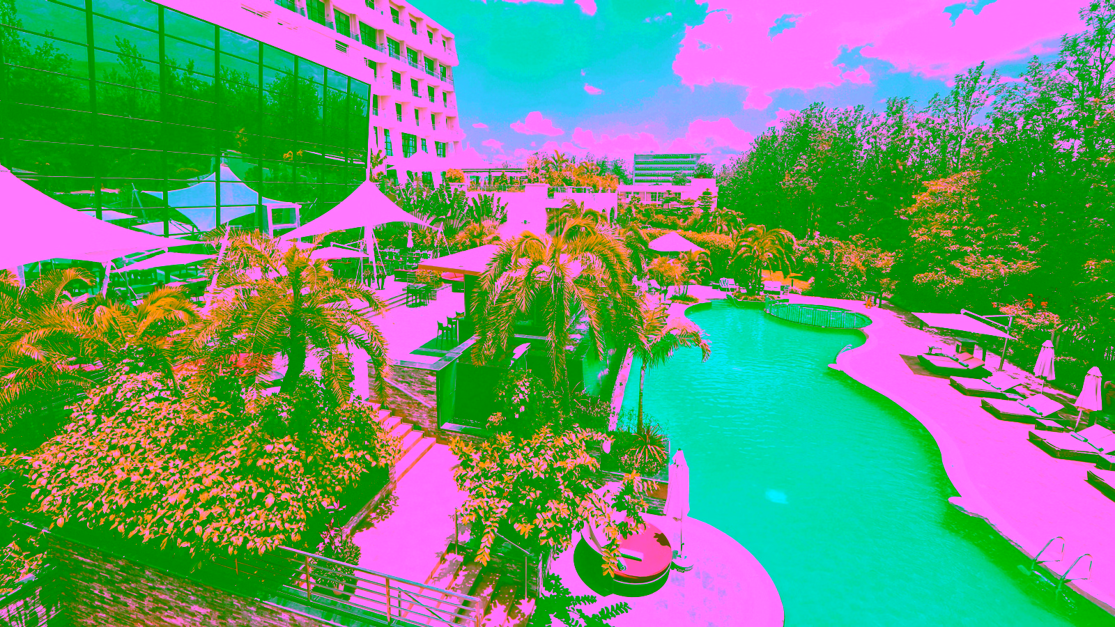 Luxury hotel pool with palm trees and modern architecture