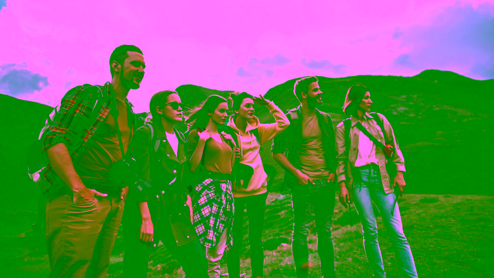 Group of friends hiking in the mountains